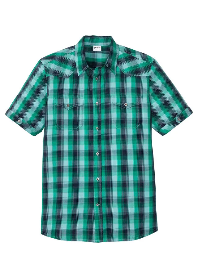 Camisa de manga corta Azul marino/verde agua de cuadros