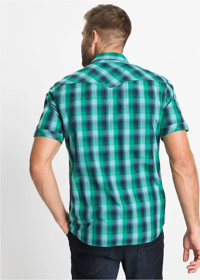 Camisa de manga corta Azul marino/verde agua de cuadros