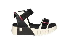 Sandalia Piel Negro/blanco Velcros Dos Tiras Filos Rosa Metal Plataforma