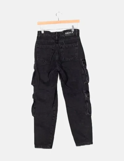 Siksilk Jeans cargo negro efecto desgastado