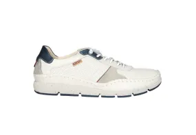 Sneaker Piel Blanco Talon Azul y Gris Cordones Elasticos