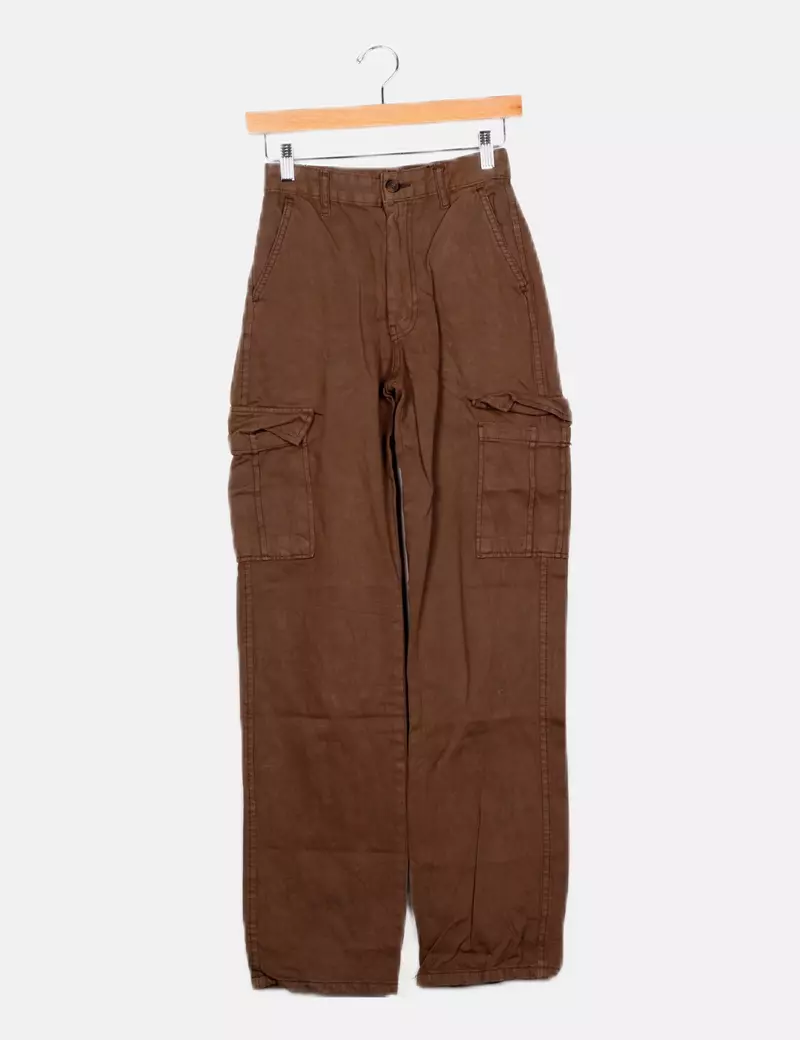 Stradivarius Pantalón denim verde cargo tiro alto